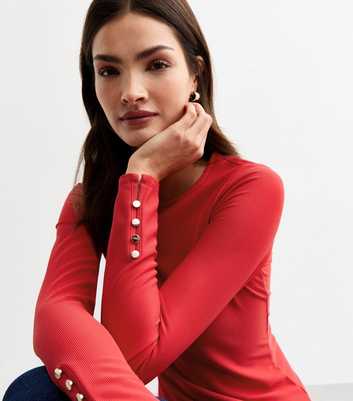 Red Button Detail Ribbed Top