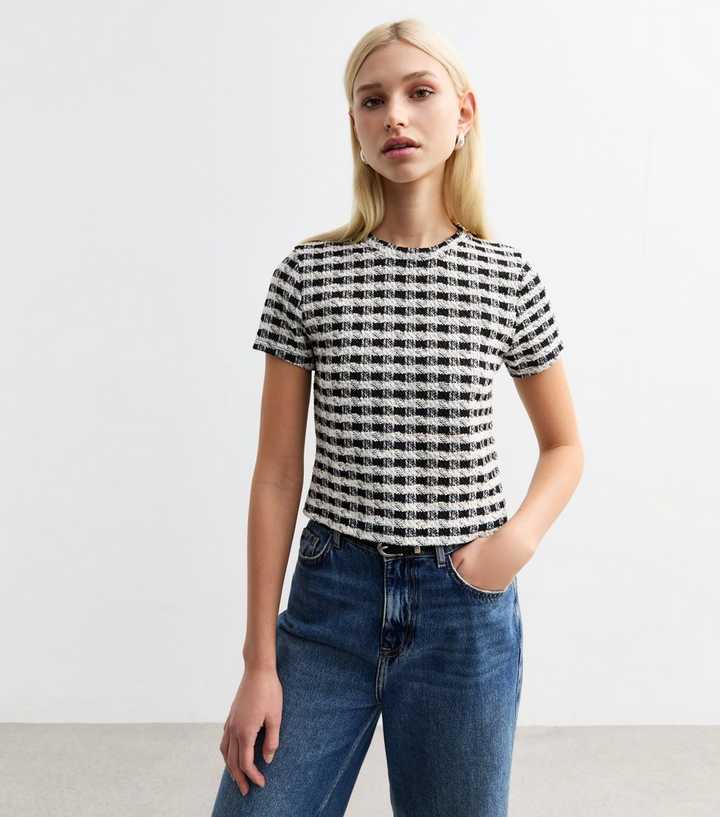 Black Checked Bouclè Top