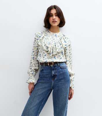 White Floral Print Frill Yoke Shirt