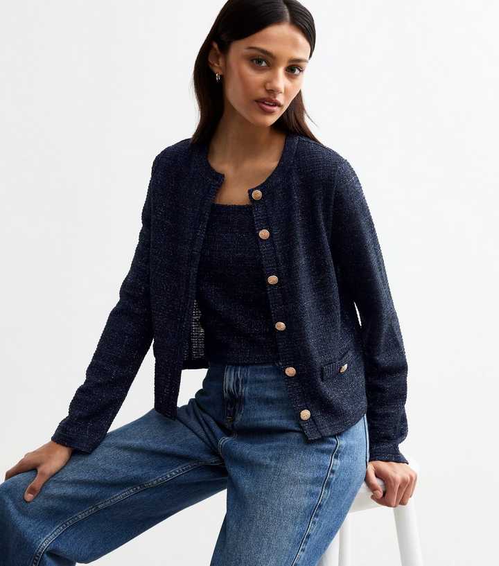 Navy Boucle Button Detail Cardigan
