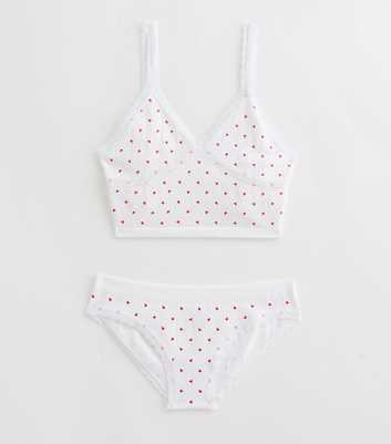 Girls White Heart Print Pointelle Crop Top And Briefs Set