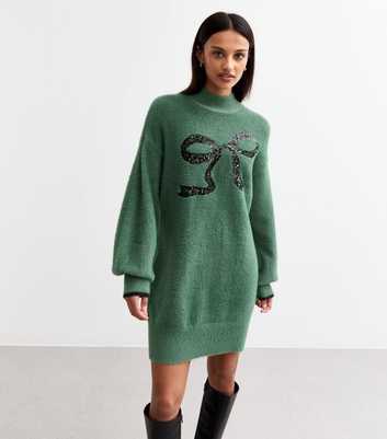 Sunshine Soul Green Sequinned Bow Jumper Dress