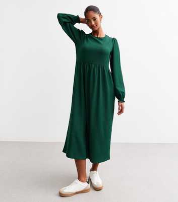 Dark Green Crinkled Long Sleeve Midi Dress