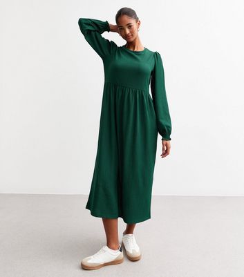 Dark Green Crinkled Long Sleeve Midi Dress New Look