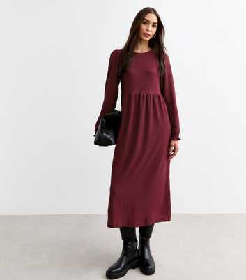 Burgundy Crinkled Long Sleeve Midi Dress