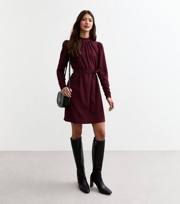 Long-Sleeve Mini Dress Stretch Fabric Burgundy
