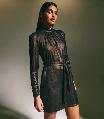 Black Metallic Jersey Long Sleeve Mini Dress