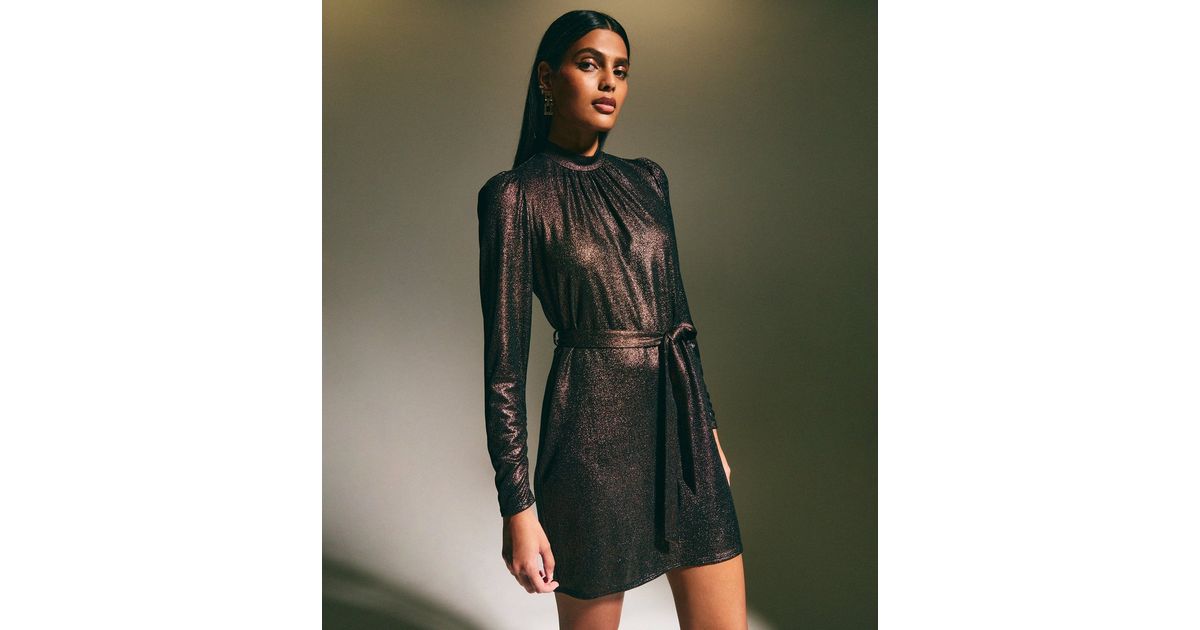 Long Sleeve Metallic Jersey Cutout Dress