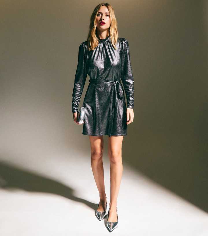 knee length dresses for ladies Silver Metallic Midi Dress main image 1