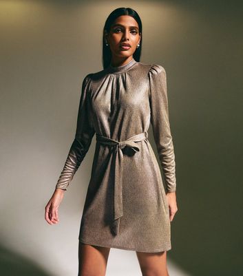 Gold Metallic Jersey Long Sleeve Mini Dress New Look