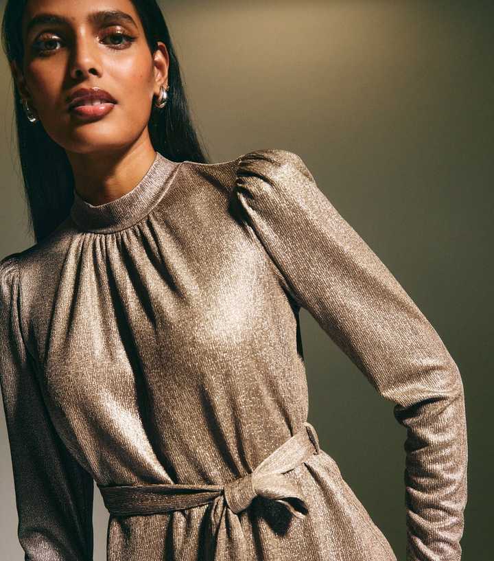 slim fit dress slacks Gold Metallic V Neck Short Sleeve Mini Dress main image 1