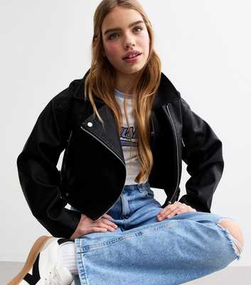 Girls Black Faux Leather Cropped Biker Jacket