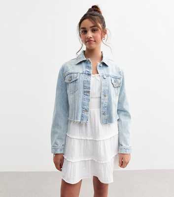 Girls Bright Blue Cropped Distressed Denim Jacket