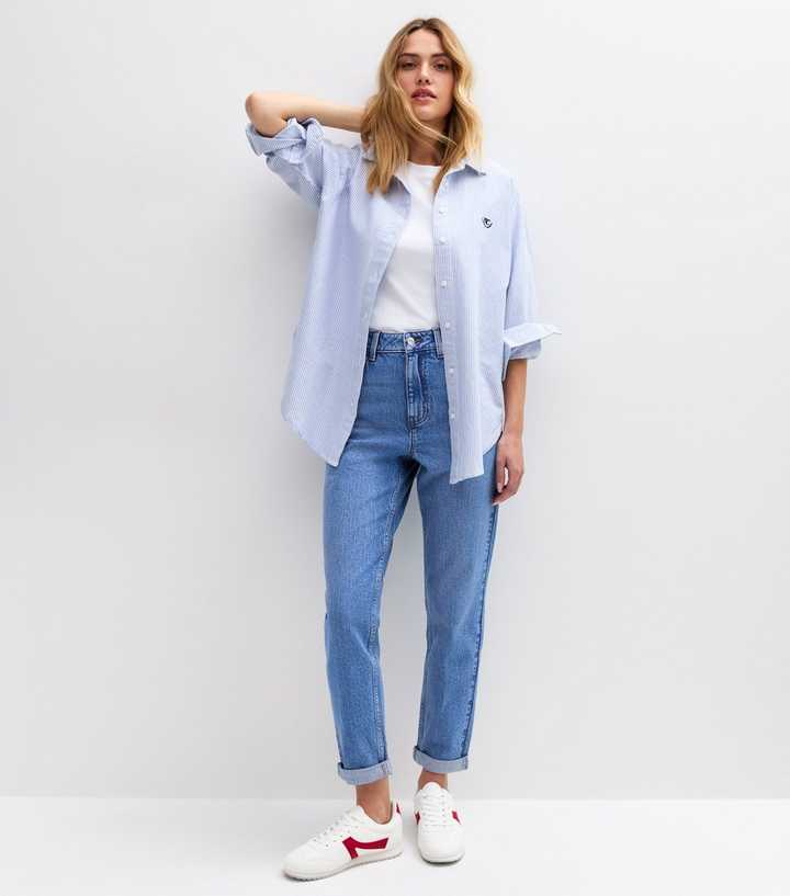 Blue Folded Cuff Mom Jeans