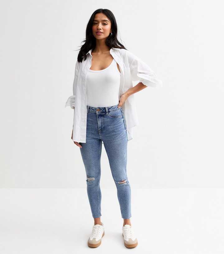 Petite Blue Ripped High Waisted Skinny Leg Jeans