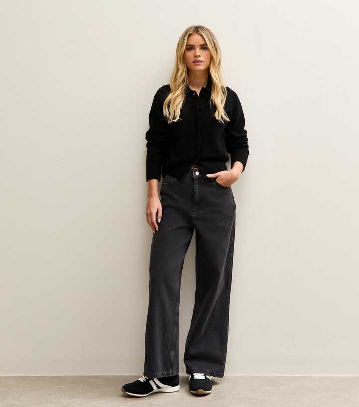 Petite Washed Black Adalae Wide Leg Jeans
