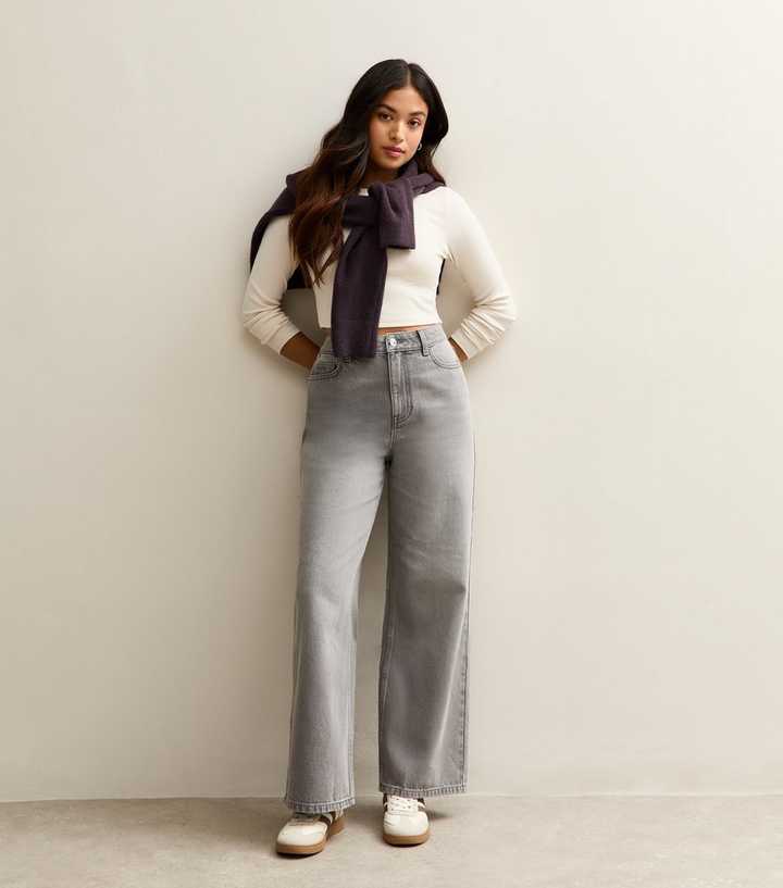 Petite Light Grey High Waist Adalae Wide Leg Jeans
