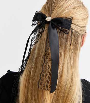 Black Diamantè Embellished Bow Lace Hair Slide