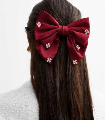 Burgundy Satin Diamanté Flower Bow Hair Slide