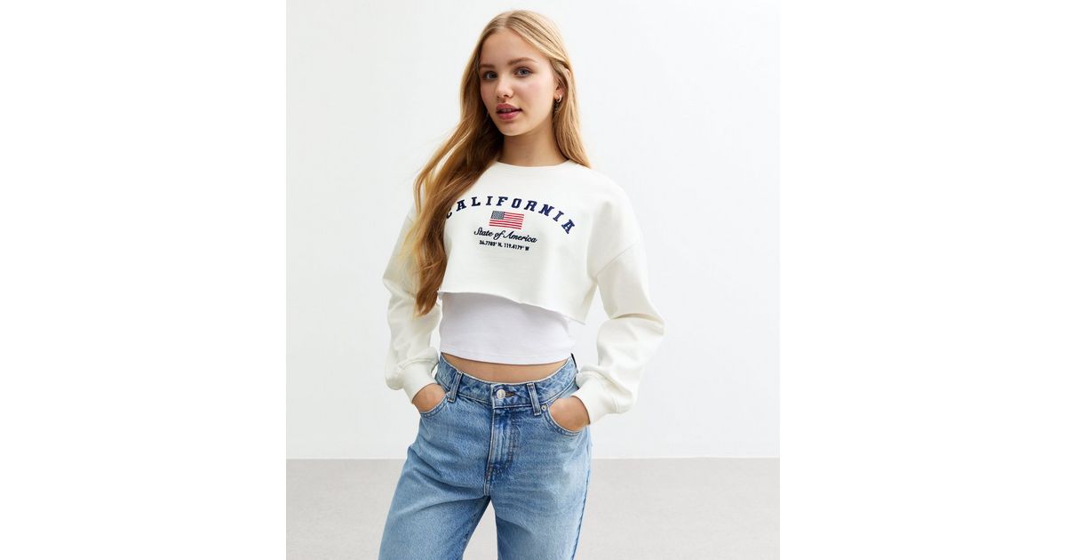 Girls White California Embroidered Cropped Sweatshirt New Look