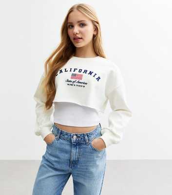 Girls White California Embroidered Cropped Sweatshirt