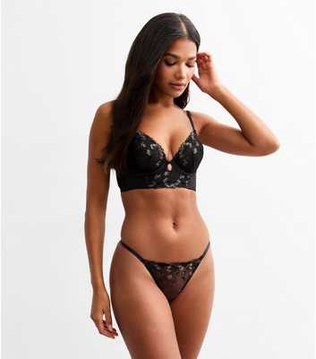 Black Floral Embroidered Mesh Thong 