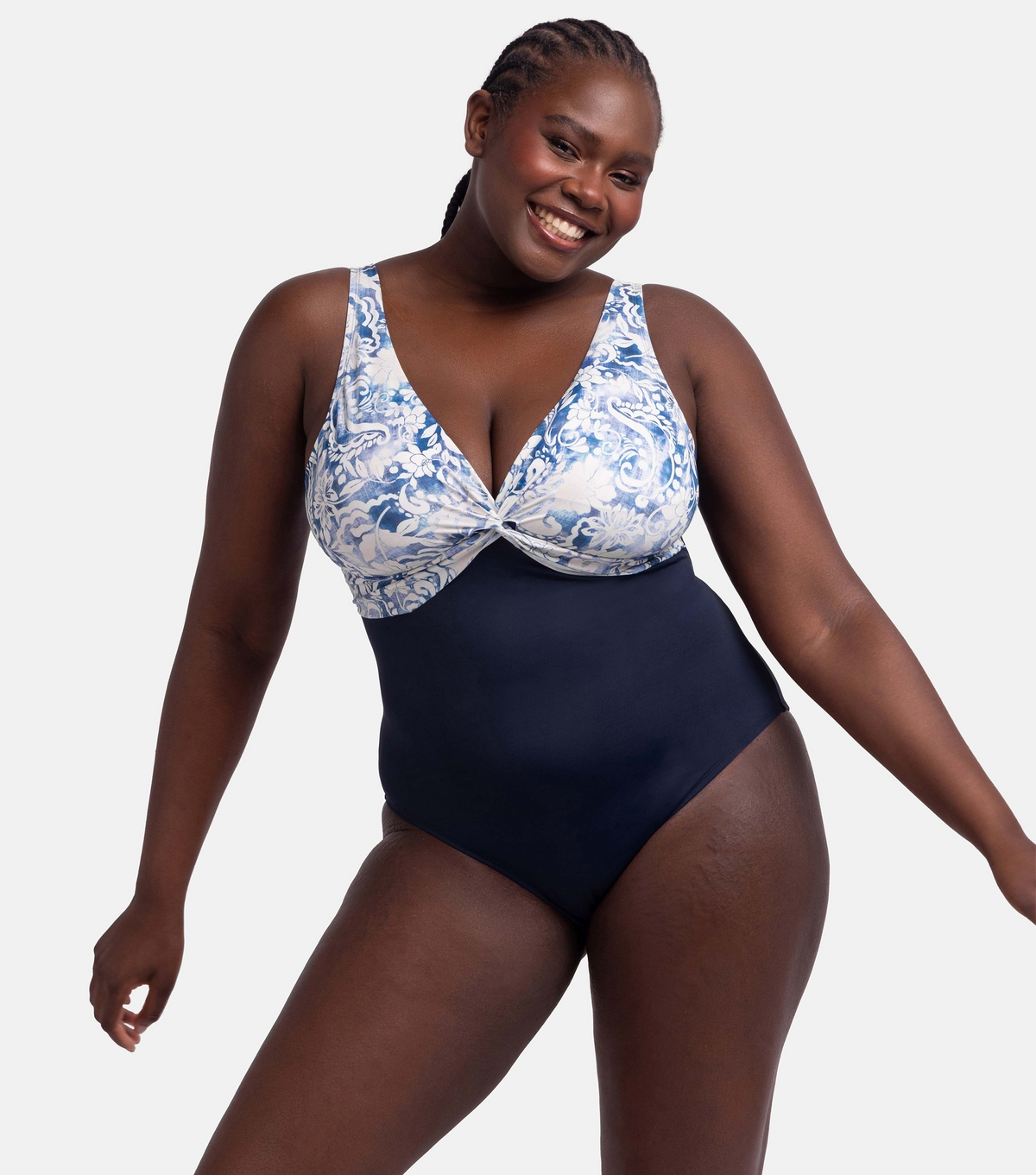 Women's Plus Size Navy Floral Ink Print Swimsuit Curves Dorina New Look