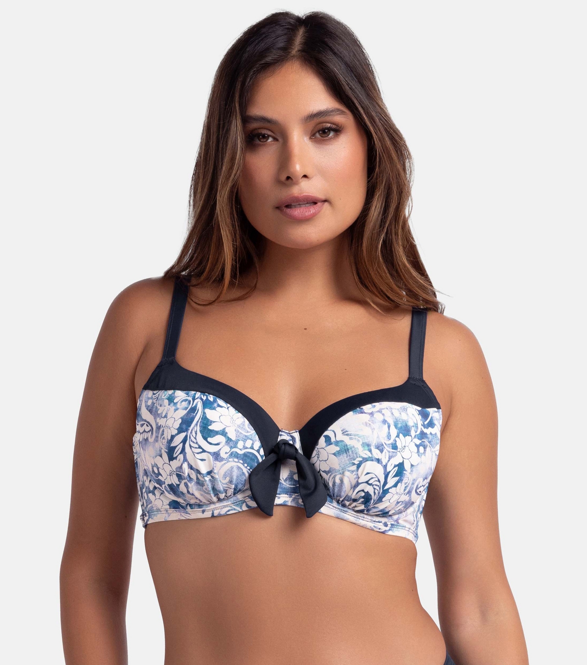 Women's Plus Size Blue Floral Ink Print Bikini Top Curves Dorina New Look