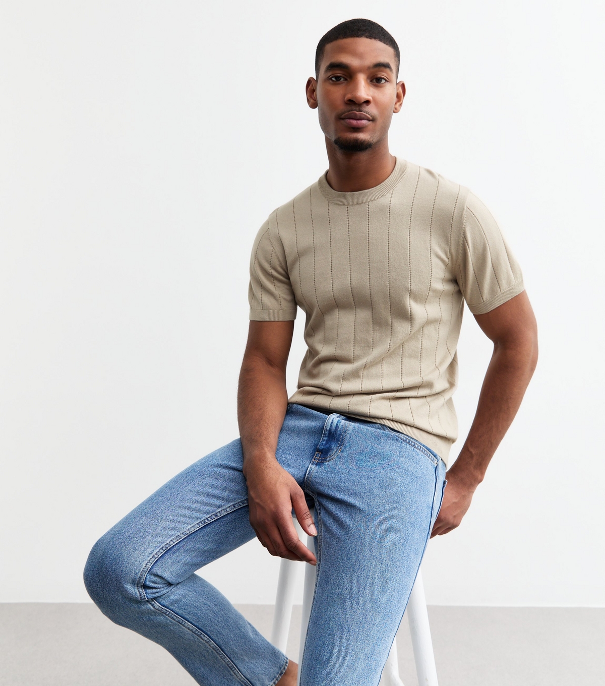 Men's Stone Regular Wide Pointelle T-Shirt New Look