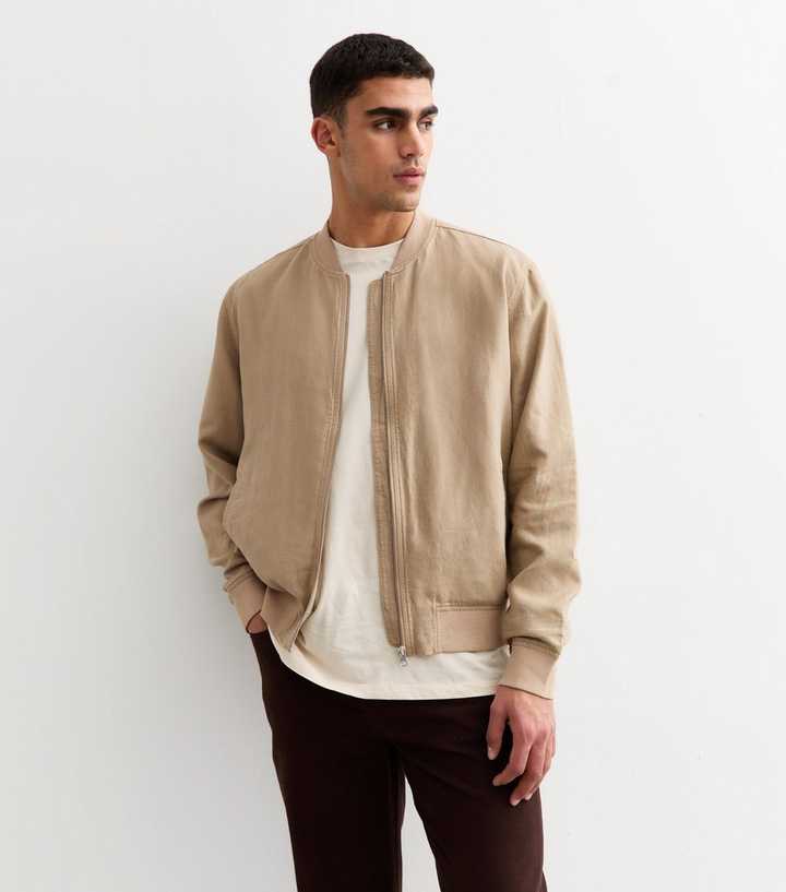 Tan Regular Linen Blend Bomber Jacket