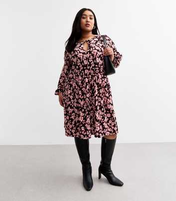 Curves Pink Floral Print Crinkle Smock Dress