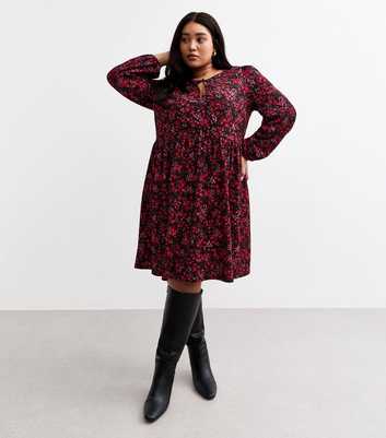 Curves Red Floral Print Crinkle Smock Dress