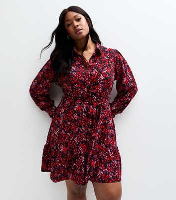 Curves Red Floral Print Mini Shirt Dress