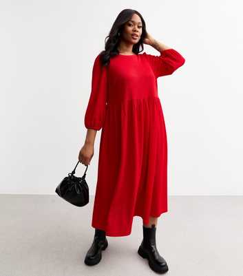 Curves Red Crinkled Jersey Midi Dress