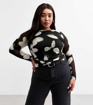 Curves Black Blur Rose Print Mesh Top