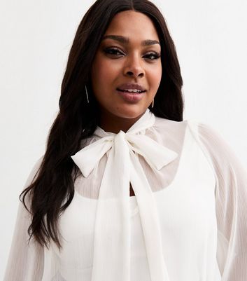 Curves White Pussybow Crinkled Chiffon Blouse | New Look