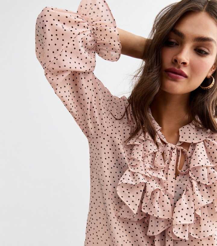 Polka Dot Ruffle Blouse & Khaki Shorts Set