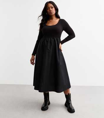 Curves Black 2 In 1 Poplin Midi Dress