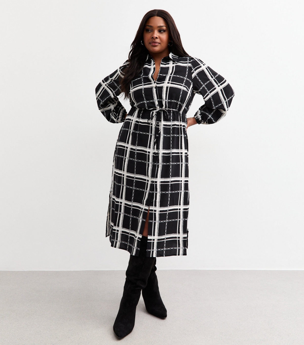Women's Plus Size Black Checked Midi Shirt Dress Curves New Look