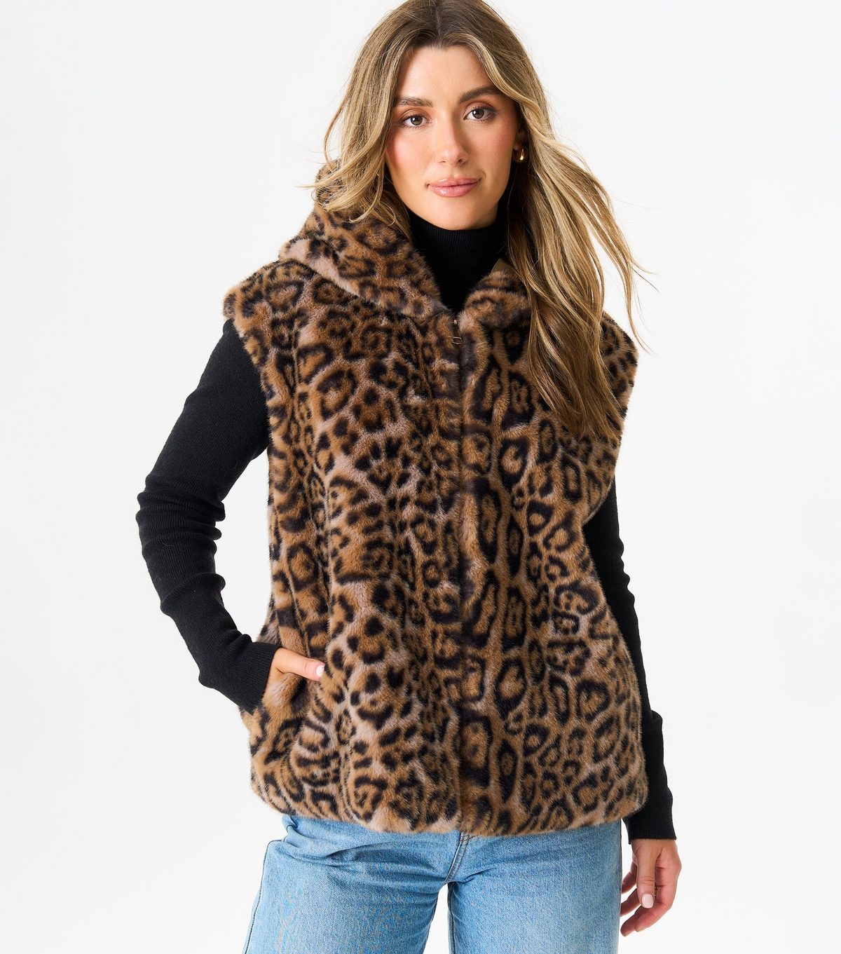 Women's Brown Leopard Print Faux Fur Hooded Gilet Gini London New Look