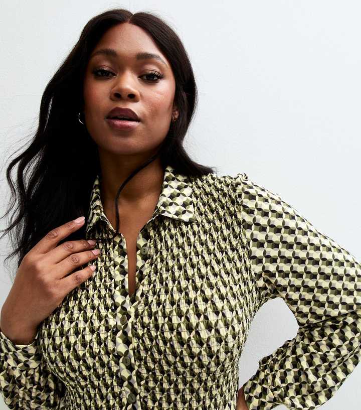 Blue Vanilla Curves Green Geometric Print Shirt Dress | New Look
