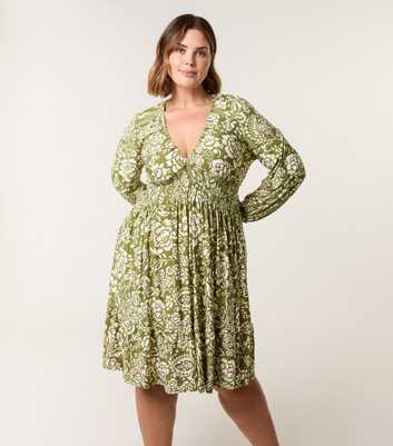 Blue Vanilla Curve Khaki Floral Print Shirred Mini Dress