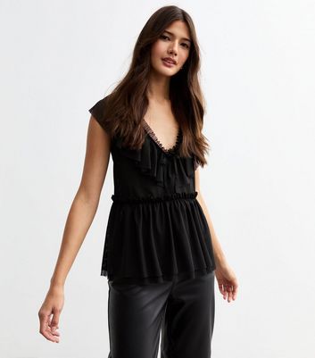 Black Ruffled Tulle Top New Look