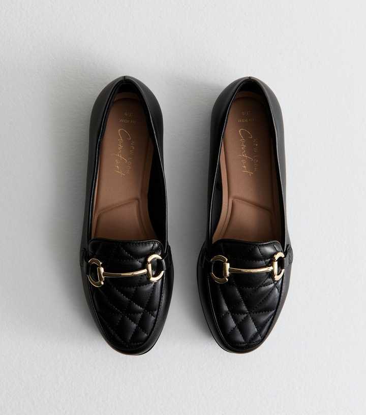 Wide Fit Black Quilted Faux Leather Loafers | New Look