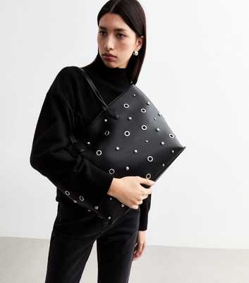 Black Stud And Eyelet Embellished Faux Leather Tote Bag