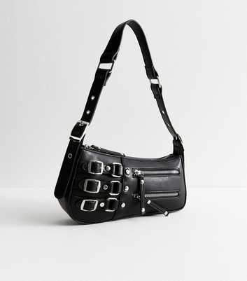 Black Faux Leather Buckle Detail Asymmetric Shoulder Bag