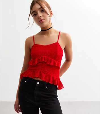 Girls Red Ruffled Lace Cami Top