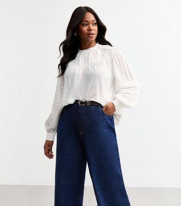 Curves White Pintuck Pleat Lace Insert Top | New Look