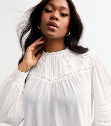 Curves White Pintuck Pleat Lace Insert Top | New Look