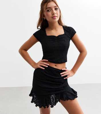 Girls Black Ruched Textured Lace Skirt